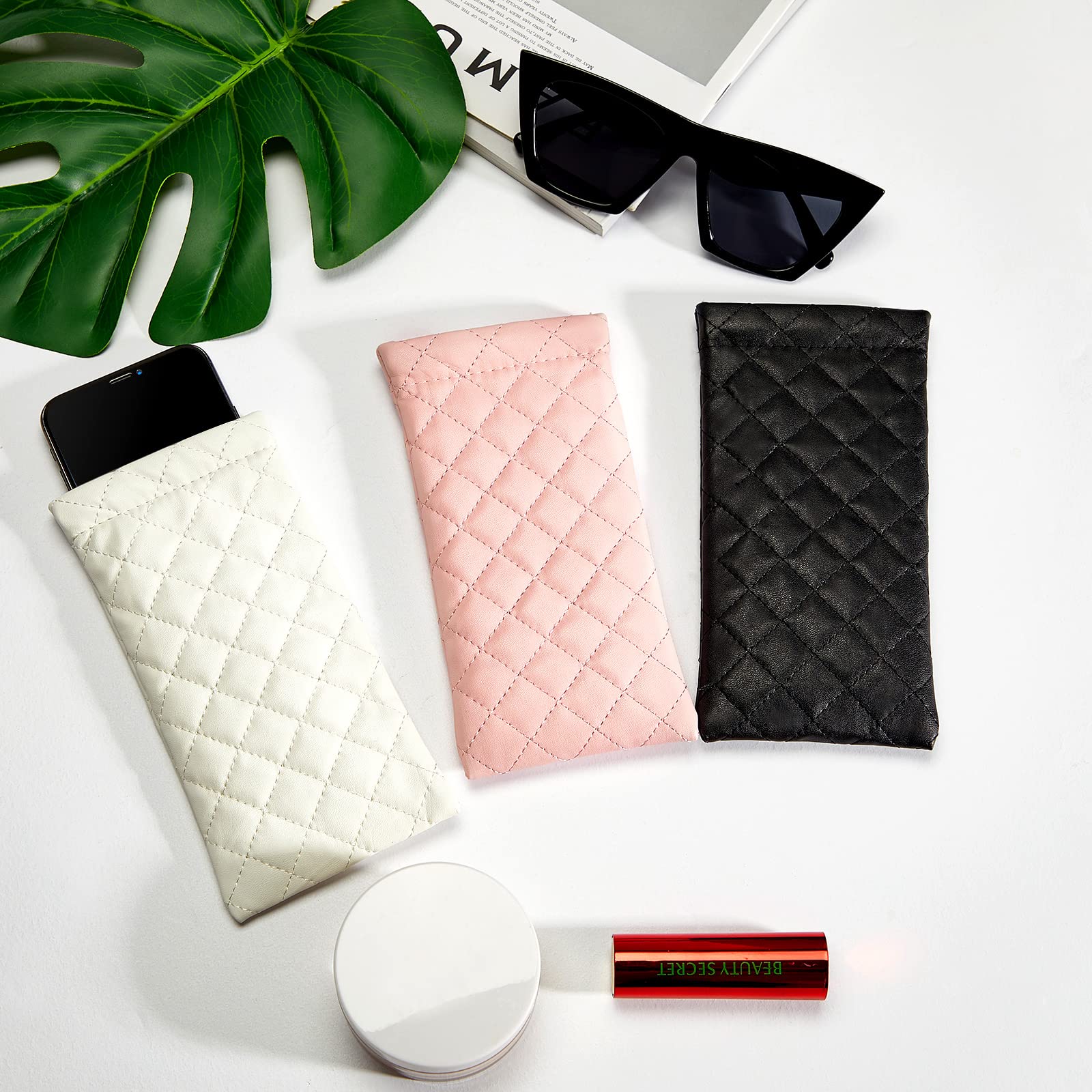 3 Pcs Soft Eyeglasses Case Bulk Sunglasses Pouch Women Sunglass Organizer Squeeze PU Leather Portable Glasses Case Sunglass Sleeve (Black, White, Pink)