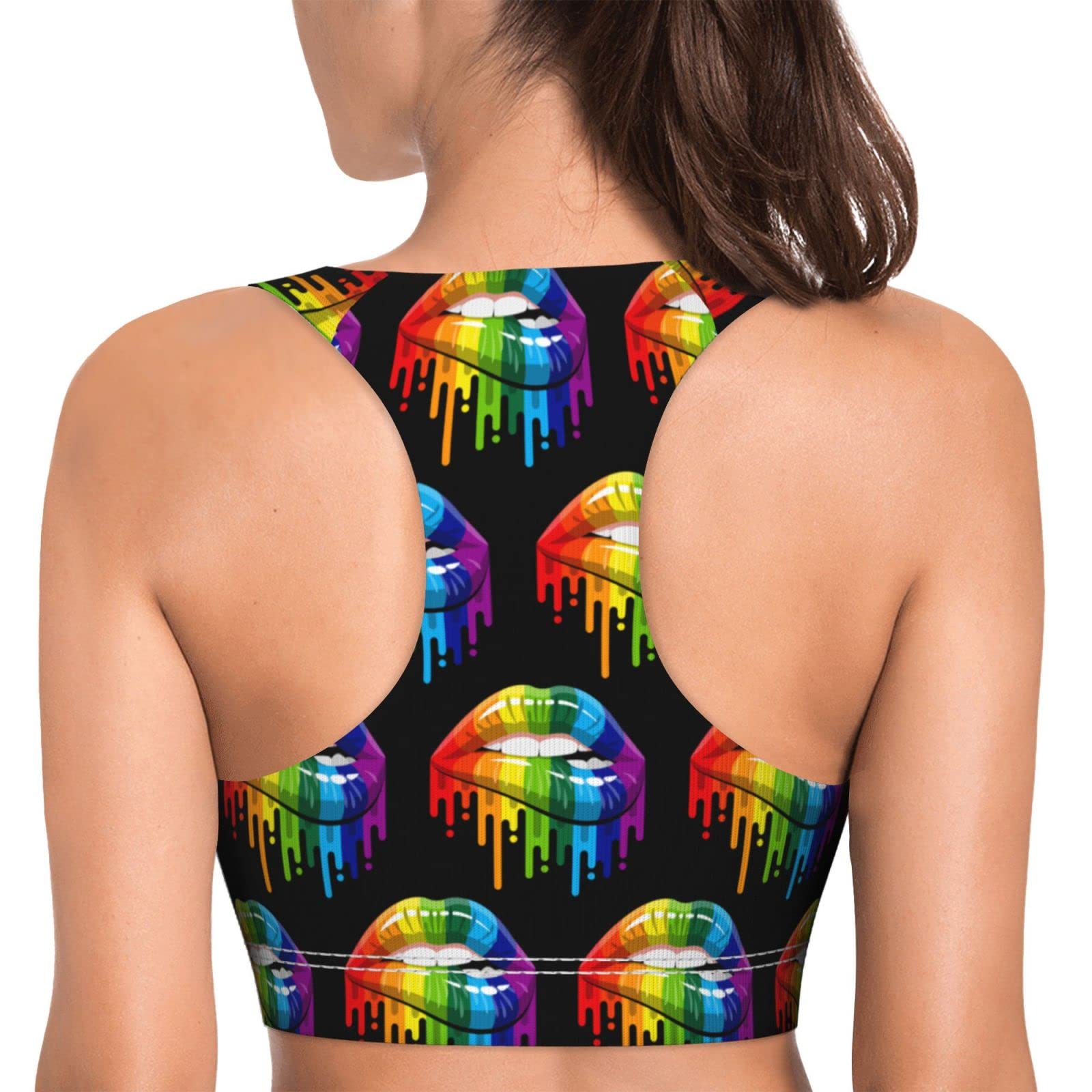 Besbapes LGBT Gay Homosexual Lesbian Rainbow Lips Pride Sports Bras for Women Padded Sports Bras for Women Workout Bras for Women Racerback Bras Yoga Bras