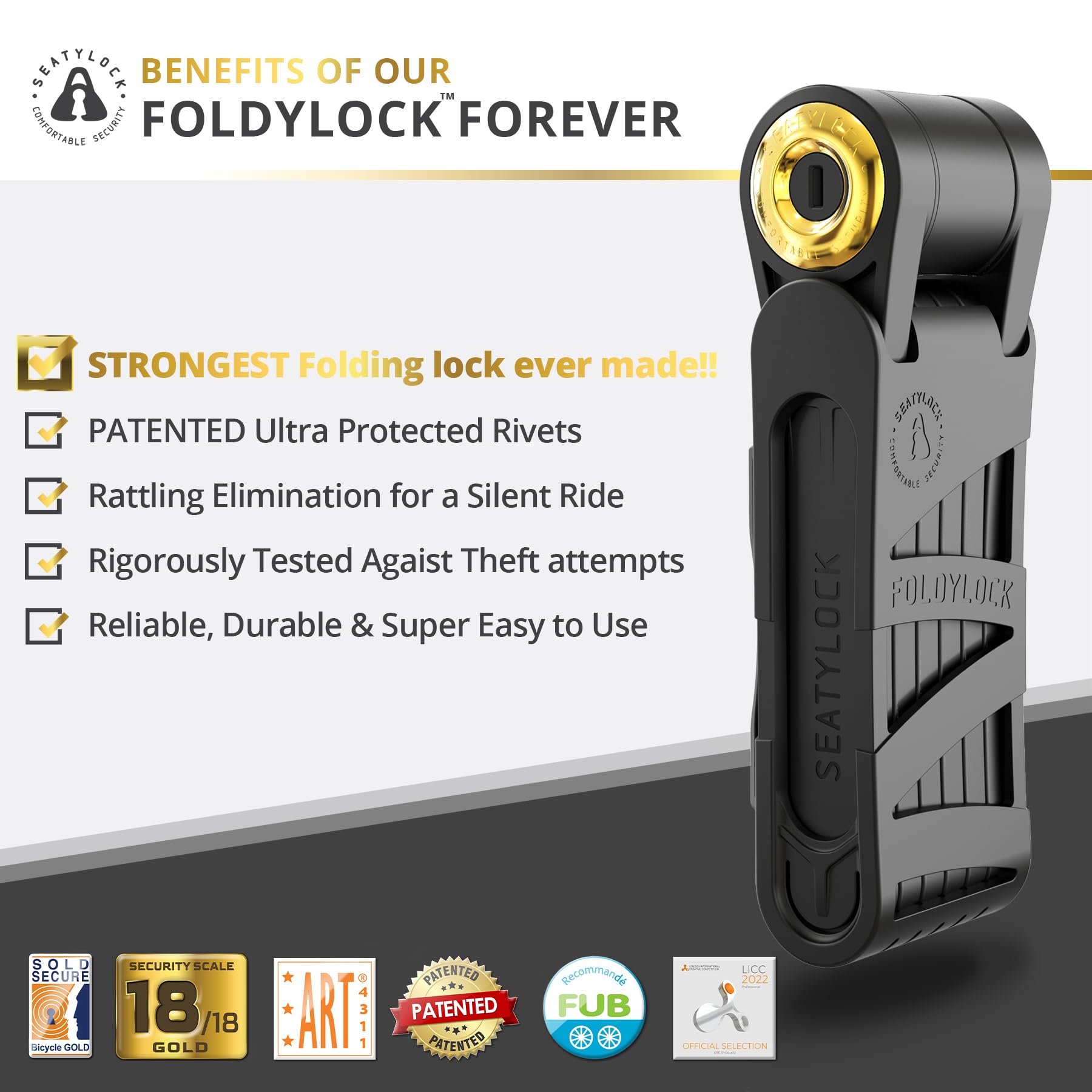 FoldyLock Forever Folding Bike Lock - Patented Sleek High Security Sold Secure Gold Bicycle Lock - Heavy Duty Anti Theft Smart Guard with Keys - 90cm