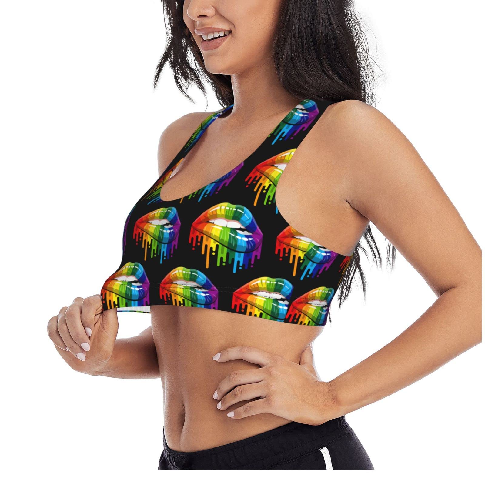 Besbapes LGBT Gay Homosexual Lesbian Rainbow Lips Pride Sports Bras for Women Padded Sports Bras for Women Workout Bras for Women Racerback Bras Yoga Bras