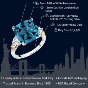 Gem Stone King 925 Silver and 10K Yellow London Blue Topaz White Moissanite and Diamond Ring For Women (9.75 Cttw, 12MM Cushion and 5MM Trillion, Gemstone Birthstone, Available In Size 5, 6, 7, 8, 9)