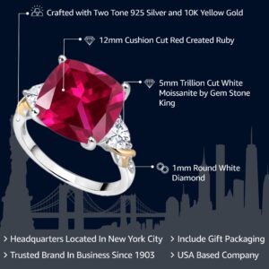 Gem Stone King 925 Silver and 10K Yellow Red Created Ruby White Moissanite and Diamond Ring For Women (8.95 Cttw, 12MM Cushion and 5MM Trillion, Available in Size 5,6,7,8,9)