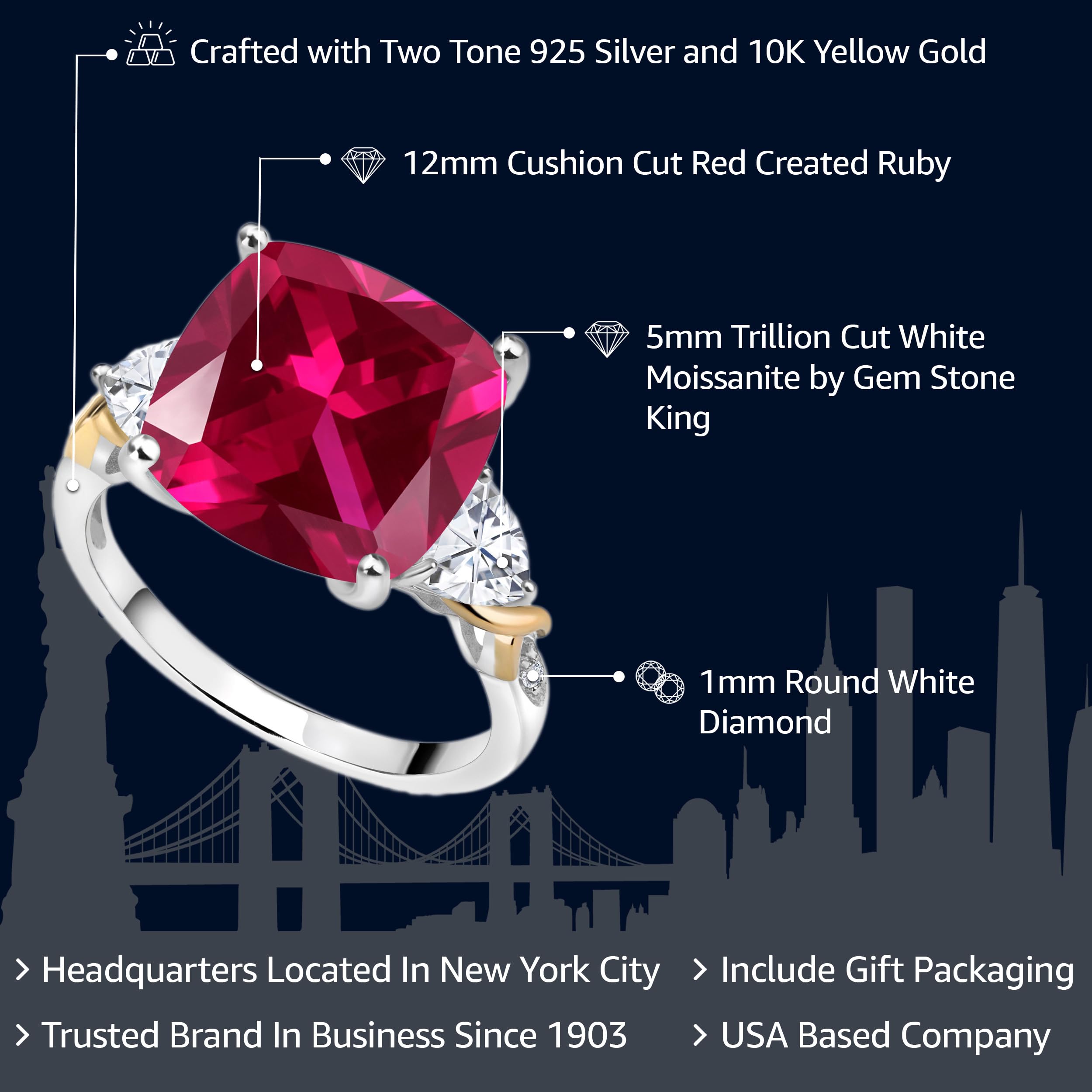 Gem Stone King 925 Silver and 10K Yellow Red Created Ruby White Moissanite and Diamond Ring For Women (8.95 Cttw, 12MM Cushion and 5MM Trillion, Available in Size 5,6,7,8,9)