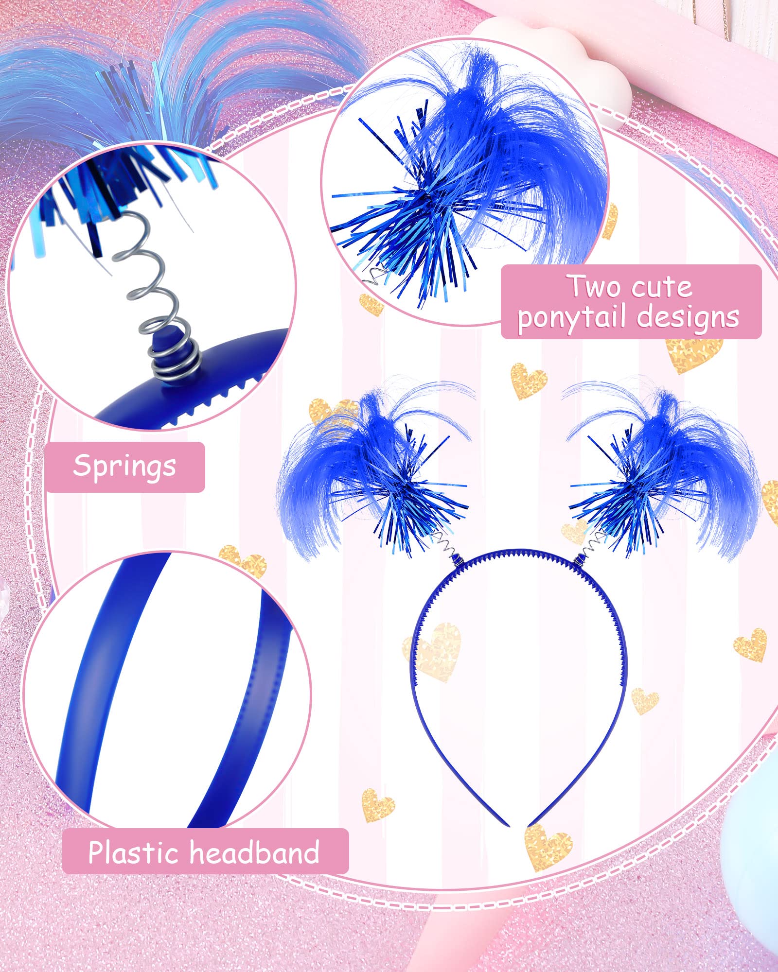 12 Pcs Tinsel Wrapped Ponytails Headband with Heart Shape Sunglasses Costume Party Faux Feather Headwear Bopper for Festival(Blue)