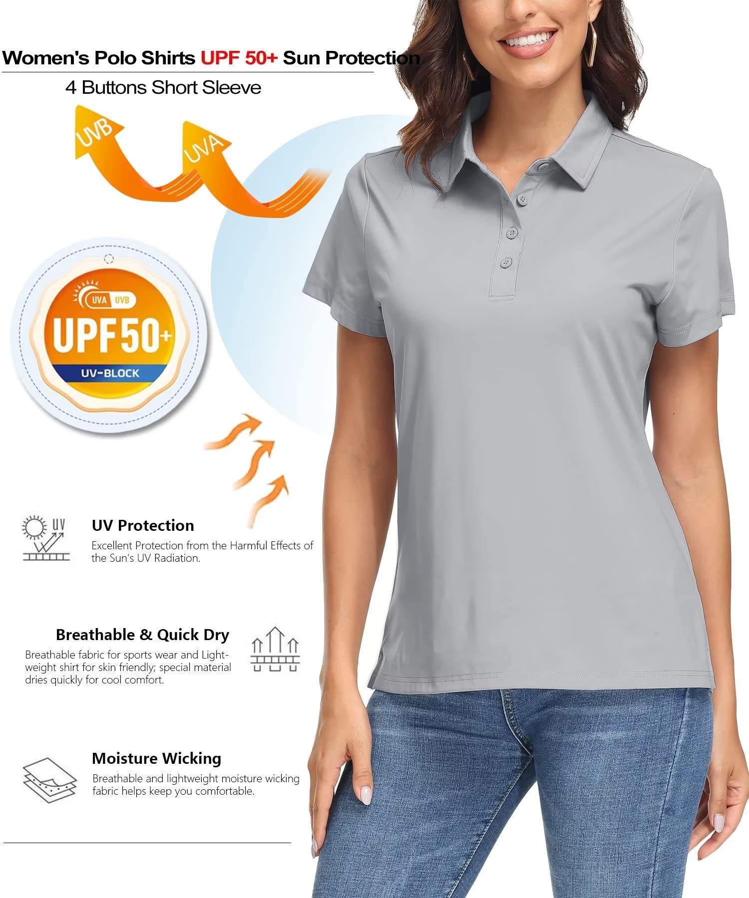 MAGCOMSEN Short Sleeve Golf Polo Shirts for Women Golf Shirts Work T Shirts Casual Shirts Quick Dry Shirts UPF 50+ Light Grey M