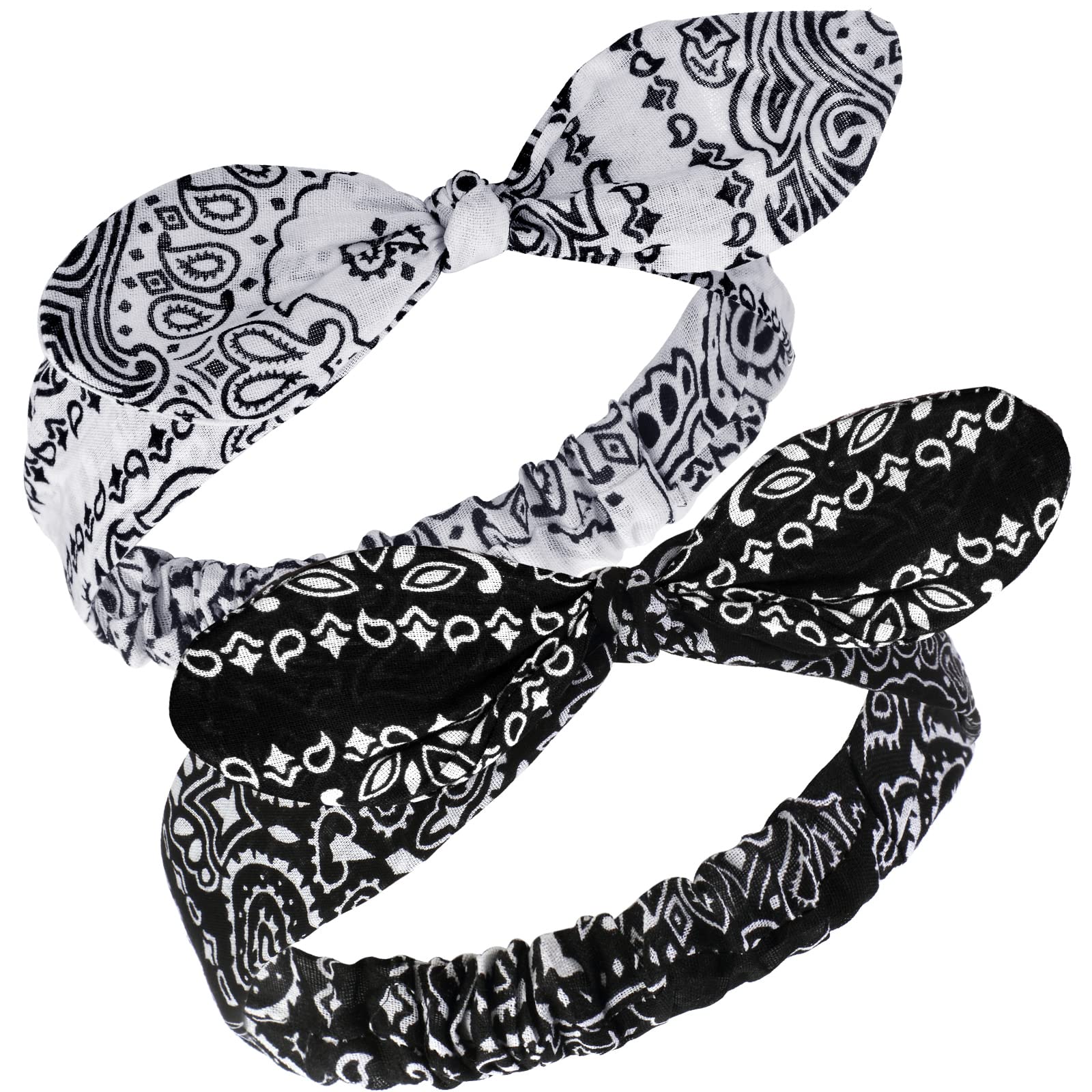 2 Pieces Bandana Headband for Women, Knot Retro Print Headbands Paisley Print Headband Headwrap Adjustable Headwrap(White, Black)