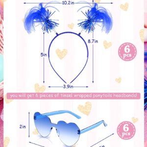 12 Pcs Tinsel Wrapped Ponytails Headband with Heart Shape Sunglasses Costume Party Faux Feather Headwear Bopper for Festival(Blue)