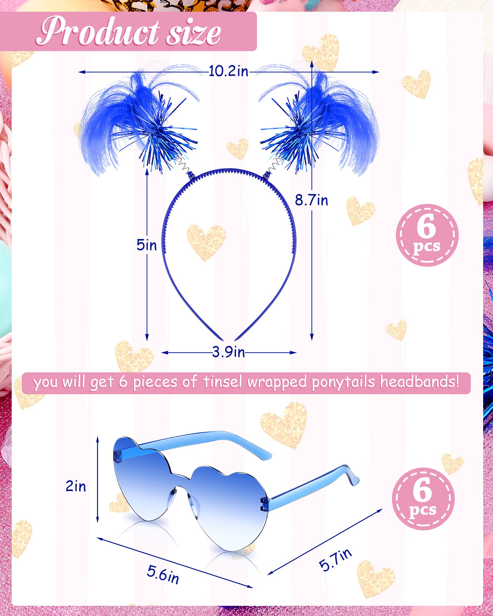 12 Pcs Tinsel Wrapped Ponytails Headband with Heart Shape Sunglasses Costume Party Faux Feather Headwear Bopper for Festival(Blue)