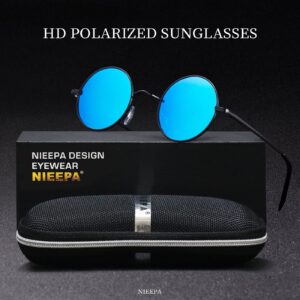 NIEEPA Vintage Round Polarized Hippie Sunglasses Small Circle Metal Driving Sun Glasses (Black Frame/Blue Mirror Lens)