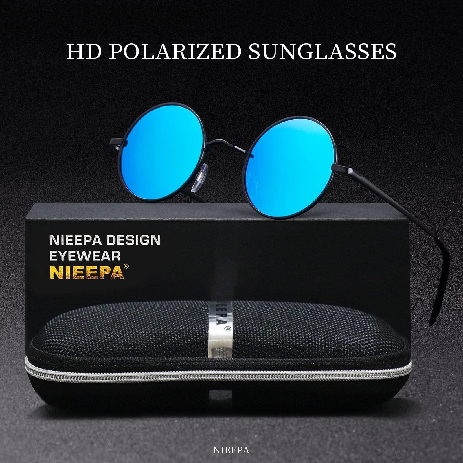 NIEEPA Vintage Round Polarized Hippie Sunglasses Small Circle Metal Driving Sun Glasses (Black Frame/Blue Mirror Lens)