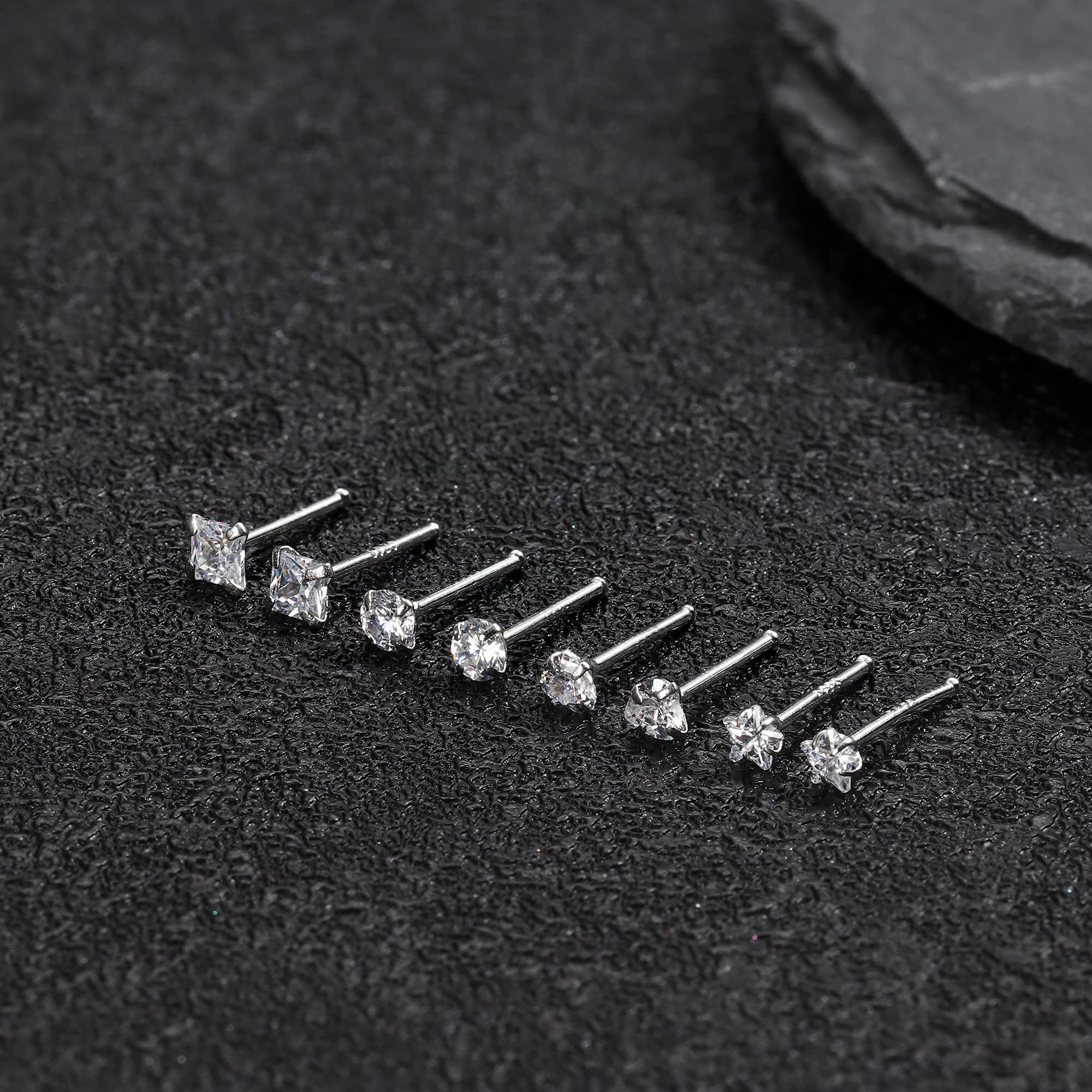 Sllaiss 8Pcs 20G Sterling Silver Nose Rings Studs for Women Assorted Shapes CZ Nose Studs Set Nose Piercing Jewelry