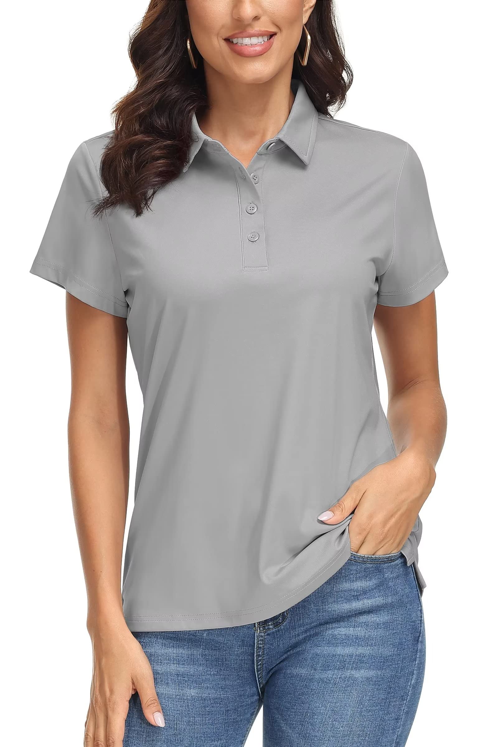 MAGCOMSEN Short Sleeve Golf Polo Shirts for Women Golf Shirts Work T Shirts Casual Shirts Quick Dry Shirts UPF 50+ Light Grey M