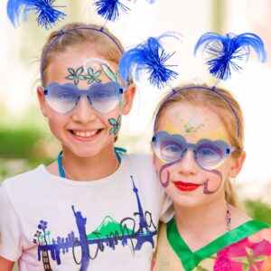 12 Pcs Tinsel Wrapped Ponytails Headband with Heart Shape Sunglasses Costume Party Faux Feather Headwear Bopper for Festival(Blue)