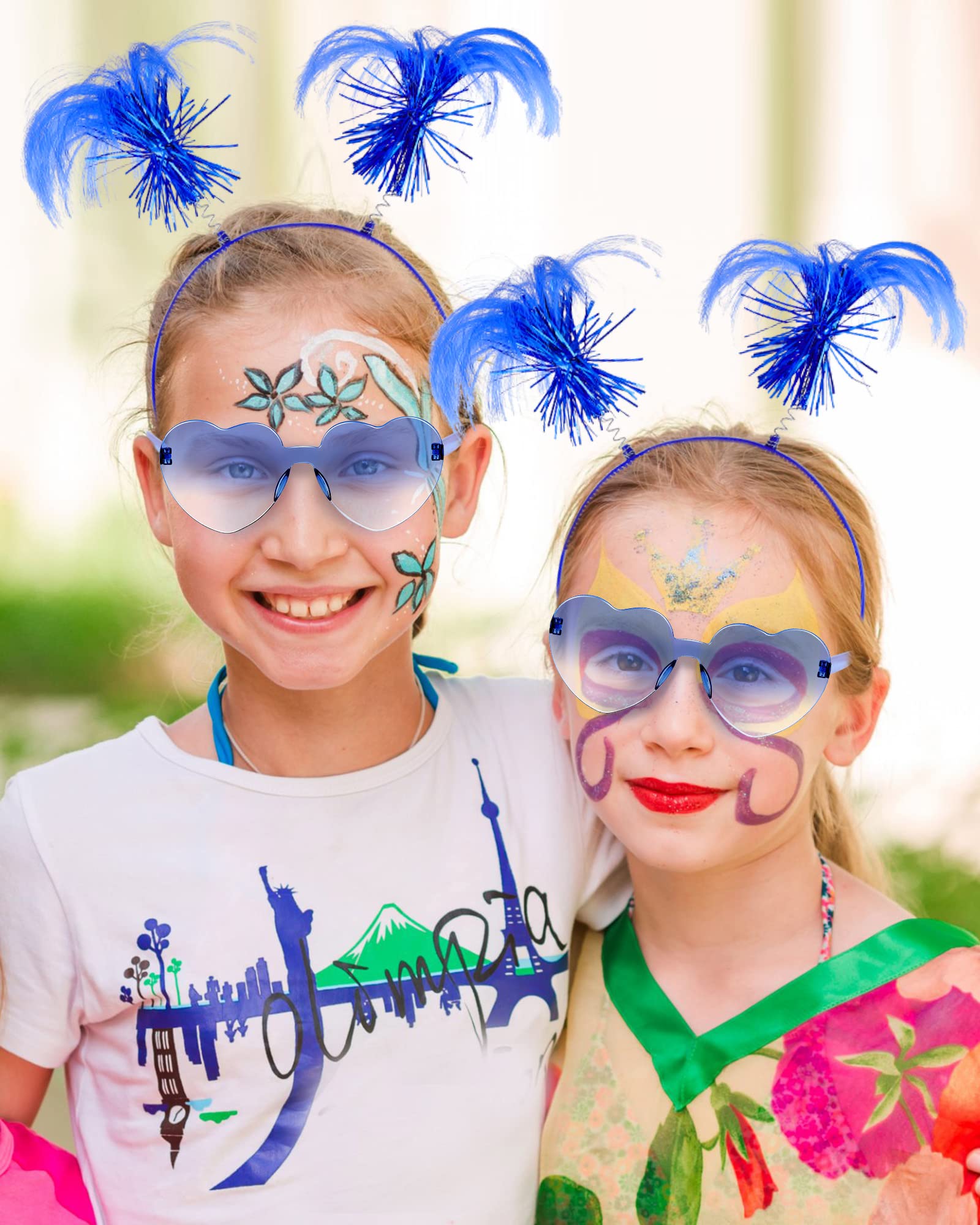 12 Pcs Tinsel Wrapped Ponytails Headband with Heart Shape Sunglasses Costume Party Faux Feather Headwear Bopper for Festival(Blue)