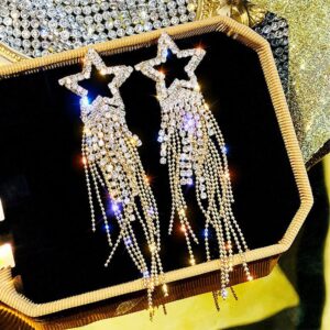 GUOXIAOMEI Bling Women Tassel Earrings Star Ear Stud Pave Crystal Dangle Earrings Boho Waterfall Beaded Fringe Drop Earring (Gold)