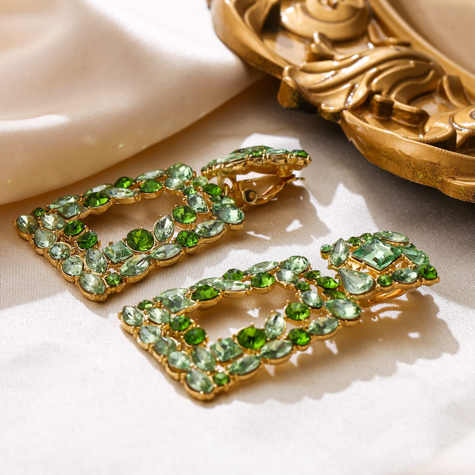 Flyonce Rectangle Clip-on Drop Earrings for Women, Sparkly Rhinestone Crystal Geometric Statement Non Pierced Earrings Light Green