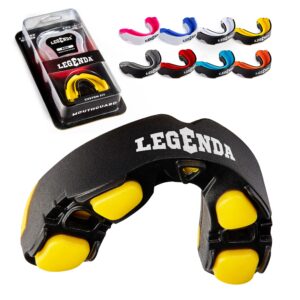 legenda mouth guard sports w/case, professional mouthguard for boxing, football, hockey, jiu jitsu, muay thai, mma, wrestling and high contact sports, fits adults, youth, kids 11+ (black/yellow)