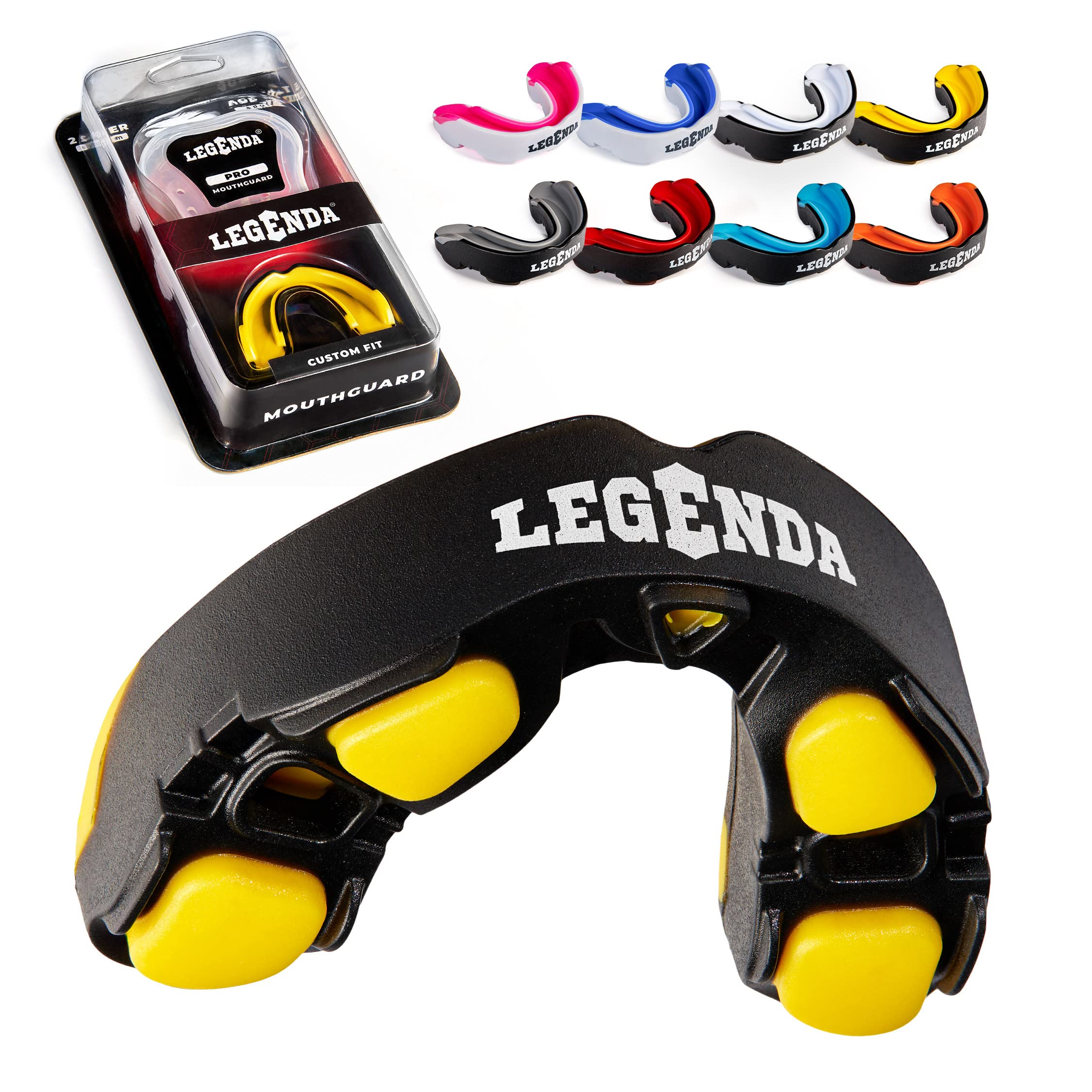 Legenda Mouth Guard Sports w/Case, Professional Mouthguard for Boxing, Football, Hockey, Jiu Jitsu, Muay Thai, MMA, Wrestling and High Contact Sports, Fits Adults, Youth, Kids 11+ (Black/Yellow)