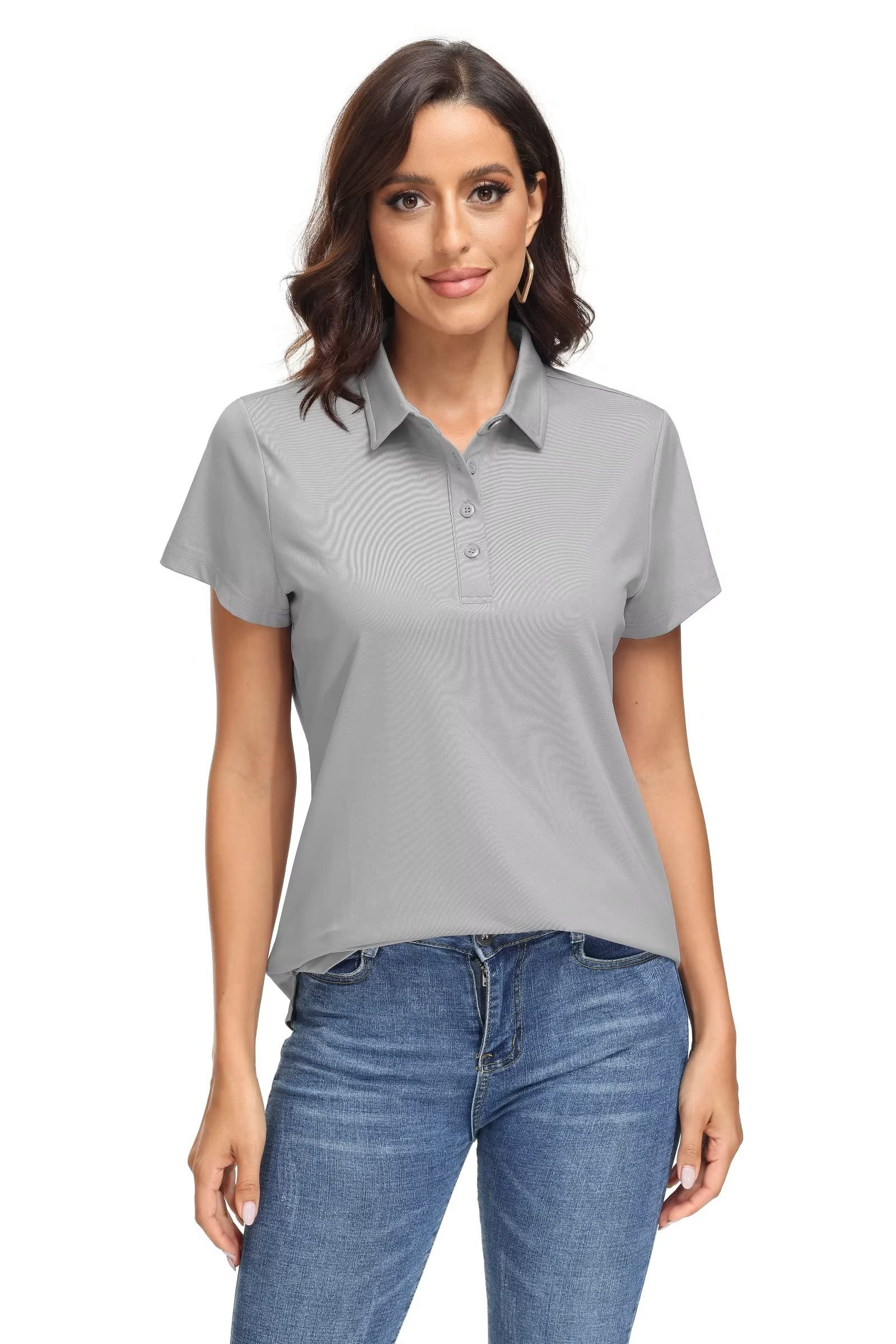 MAGCOMSEN Short Sleeve Golf Polo Shirts for Women Golf Shirts Work T Shirts Casual Shirts Quick Dry Shirts UPF 50+ Light Grey M