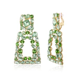 flyonce rectangle clip-on drop earrings for women, sparkly rhinestone crystal geometric statement non pierced earrings light green