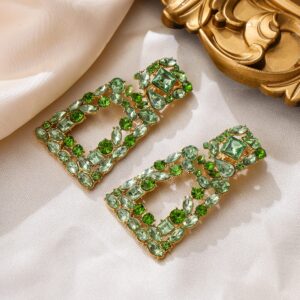 Flyonce Rectangle Clip-on Drop Earrings for Women, Sparkly Rhinestone Crystal Geometric Statement Non Pierced Earrings Light Green