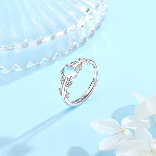 Midir&Etain Leaf Open Ring S925 Sterling Silver Adjustable Moonstone Ring Olive Nature Lover Jewelry Gifts for Women