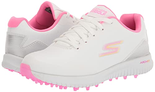 Skechers Women's Go Max Arch Fit Spikeless Golf Shoe Sneaker, White/Pink Waterproof, 6.5