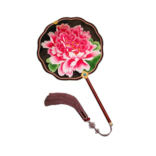 HangErFeng Chinese Round Fan Silk Double-sided Hand made Embroidered Palace Fan Peony Lotus 34 Red 2