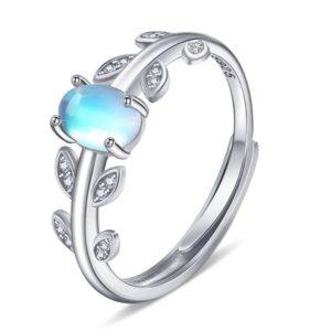 Midir&Etain Leaf Open Ring S925 Sterling Silver Adjustable Moonstone Ring Olive Nature Lover Jewelry Gifts for Women