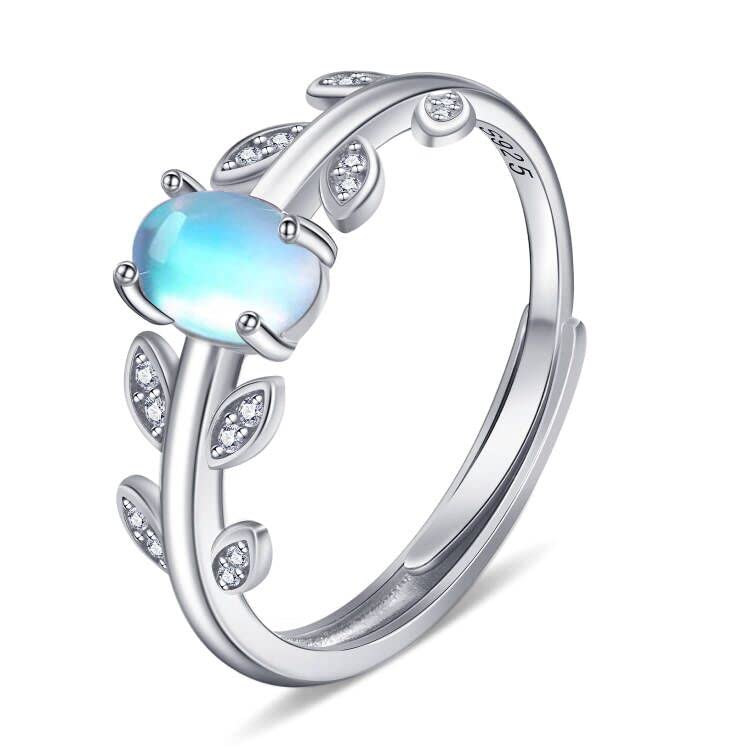 Midir&Etain Leaf Open Ring S925 Sterling Silver Adjustable Moonstone Ring Olive Nature Lover Jewelry Gifts for Women