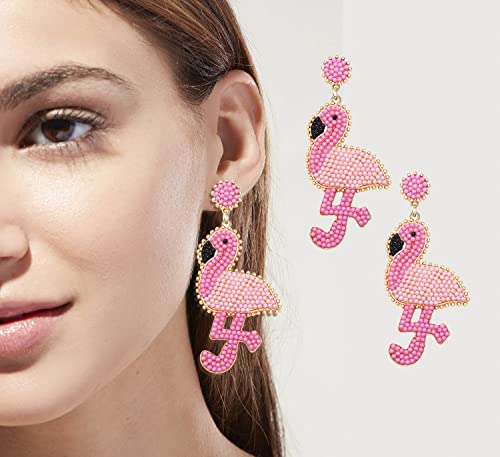 Beaded Flamingo Earrings for Women Handmade Boho Tropical Bird Earrings Statement Pink Animal Flamingo Drop Dangle Earrings Summer Beach Jewelry Gift