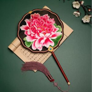 HangErFeng Chinese Round Fan Silk Double-sided Hand made Embroidered Palace Fan Peony Lotus 34 Red 2