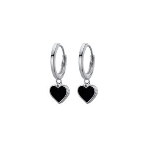 sluynz 925 sterling silver black heart hoop earrings for women love heart hoop earrings huggie (a-silver)