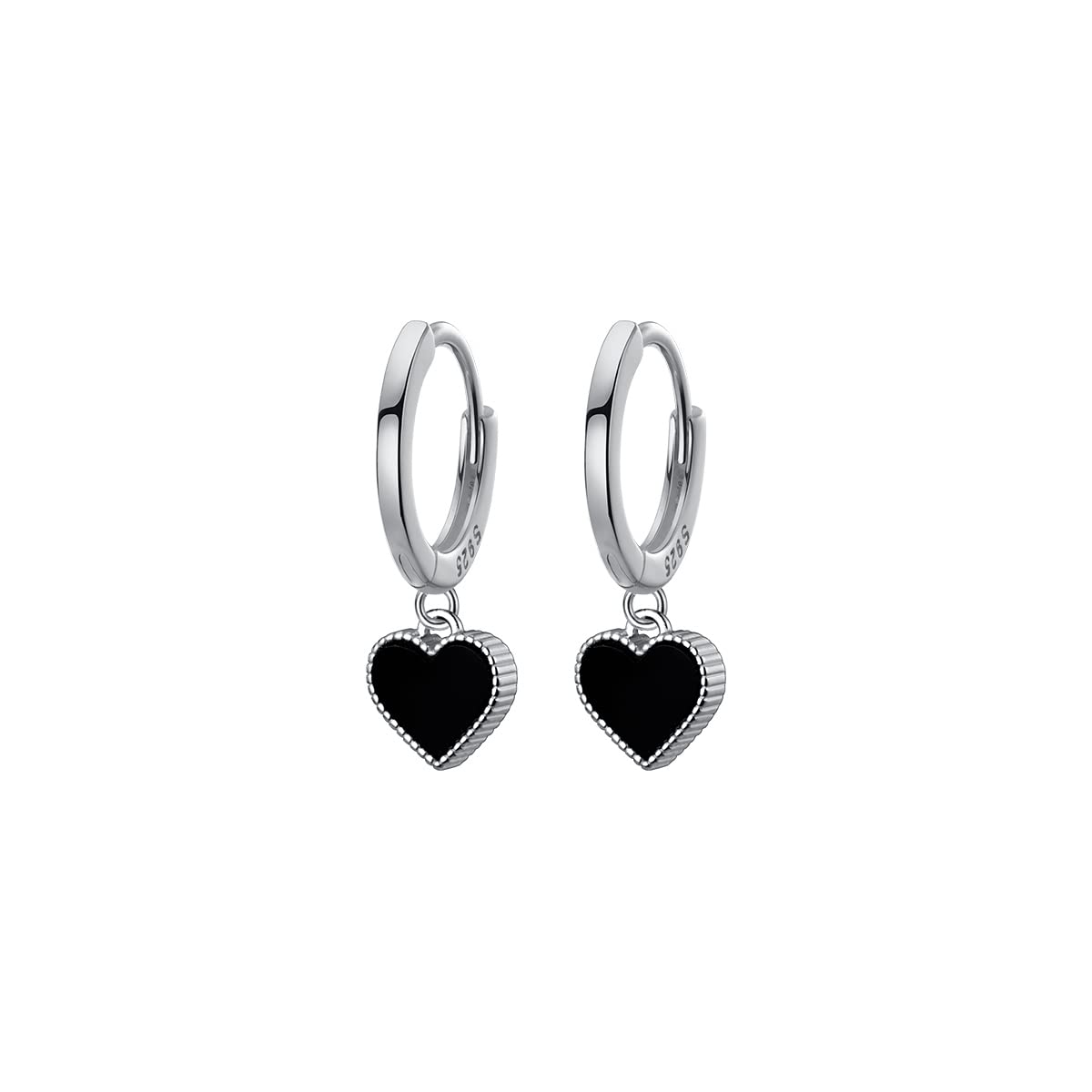 SLUYNZ 925 Sterling Silver Black Heart Hoop Earrings for Women Love Heart Hoop Earrings Huggie (A-Silver)