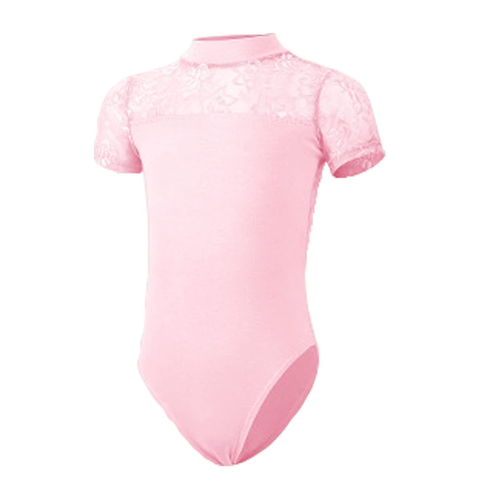 KKmeter Kids Girl's High Neck Floral Lace Cutout Back Leotard Short Sleeve Ballet Dance Gymnastics Athletic Bodysuit (Pink, 9-10)