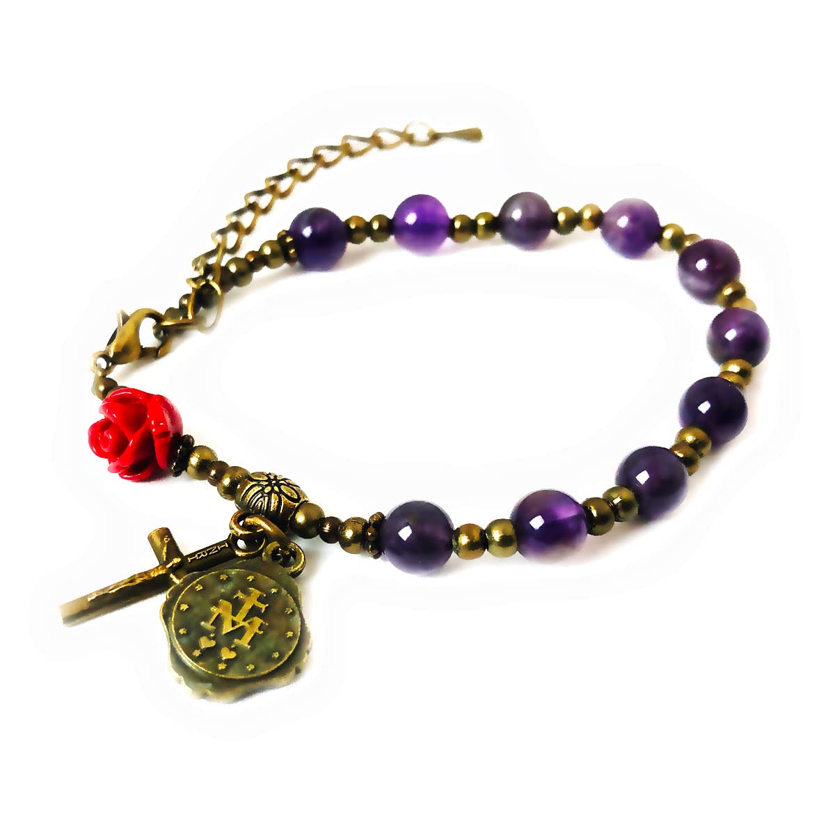 Immaculate Heart of Mary Purple Amethyst Stone and Red Rose Rosary and Bracelet Set - Catholic Rosary - Rosarios Catolicos - Catholic Gifts Women - Regalos Catolicos Para Mujer, Stone, Amethyst