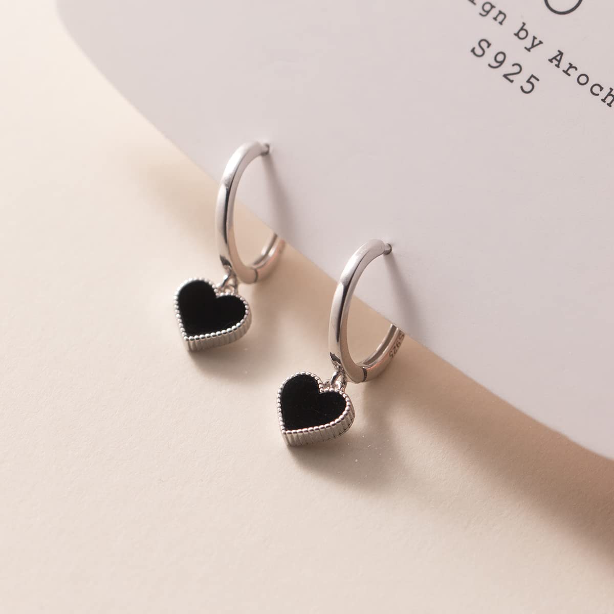 SLUYNZ 925 Sterling Silver Black Heart Hoop Earrings for Women Love Heart Hoop Earrings Huggie (A-Silver)