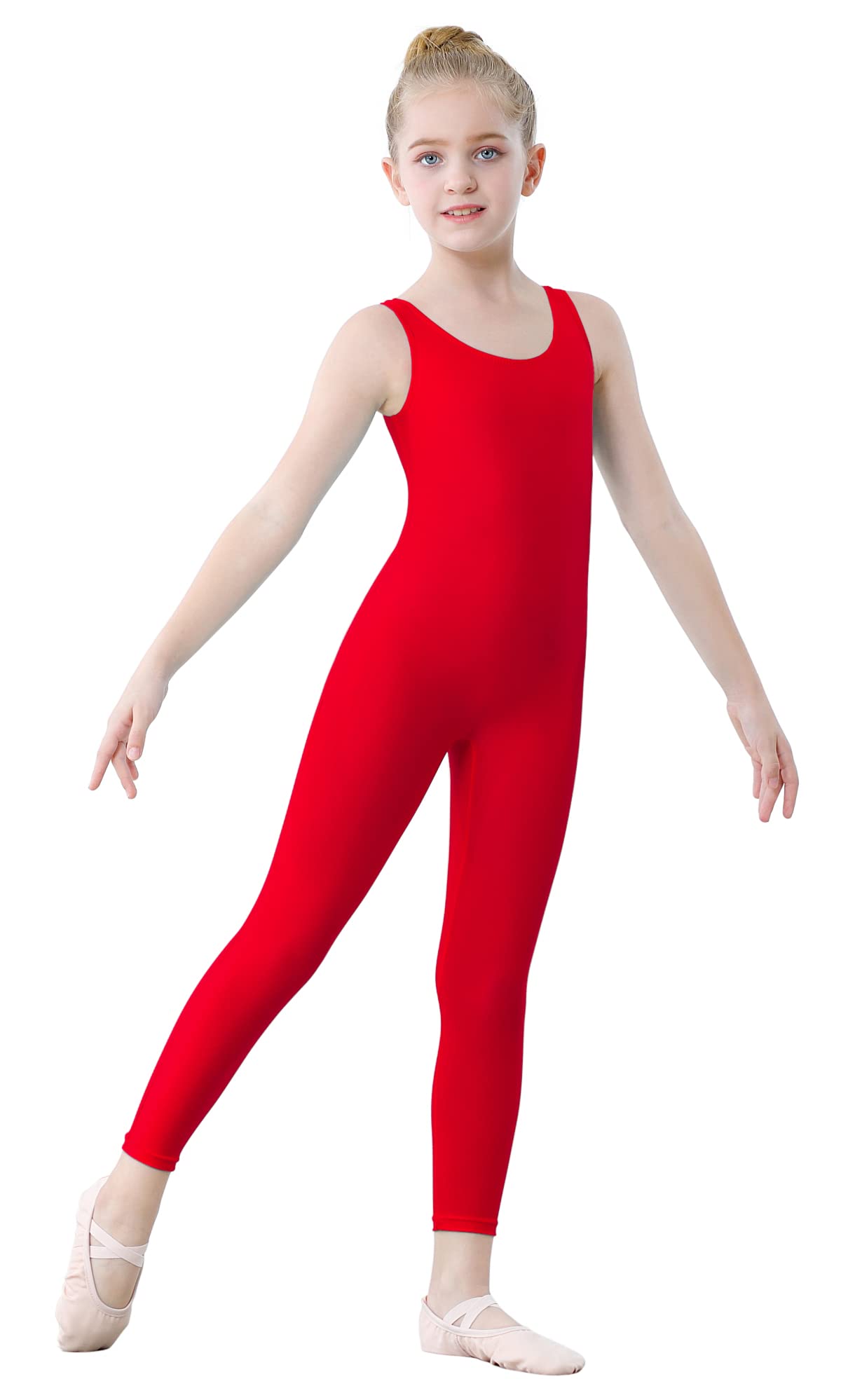 YgneeDom Kids Girls Sleeveless Tank Unitards One Piece Stretchy Spandex Full Body Leotard Bodysuit Dance Costumes(Red,9-10)