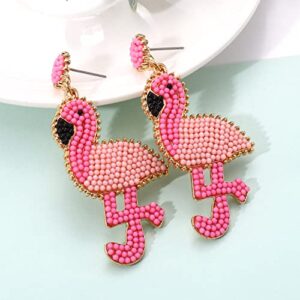 Beaded Flamingo Earrings for Women Handmade Boho Tropical Bird Earrings Statement Pink Animal Flamingo Drop Dangle Earrings Summer Beach Jewelry Gift