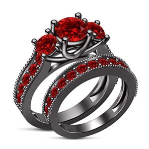 foreverjewelryhub 2.50 Ct Round Cut Created Red Garnet Three Stone Engagement Ring Matching Wedding Band Bridal Set 14k Black Gold Plated 925 Sterling Silver8.5