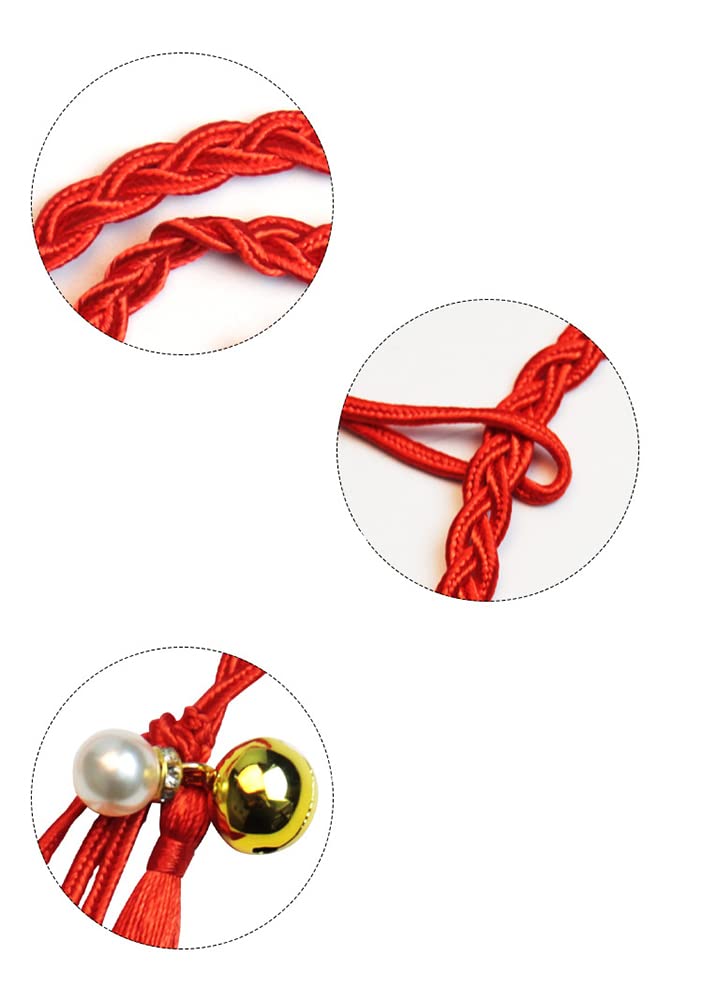 Thin Waist Rope Braid Belt Chain Exotic Women Waist Belt Rope Chain with Tassel Bead Bell Good Luck Belly Rope Bracelet, Red