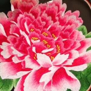 HangErFeng Chinese Round Fan Silk Double-sided Hand made Embroidered Palace Fan Peony Lotus 34 Red 2