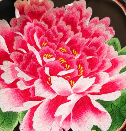 HangErFeng Chinese Round Fan Silk Double-sided Hand made Embroidered Palace Fan Peony Lotus 34 Red 2