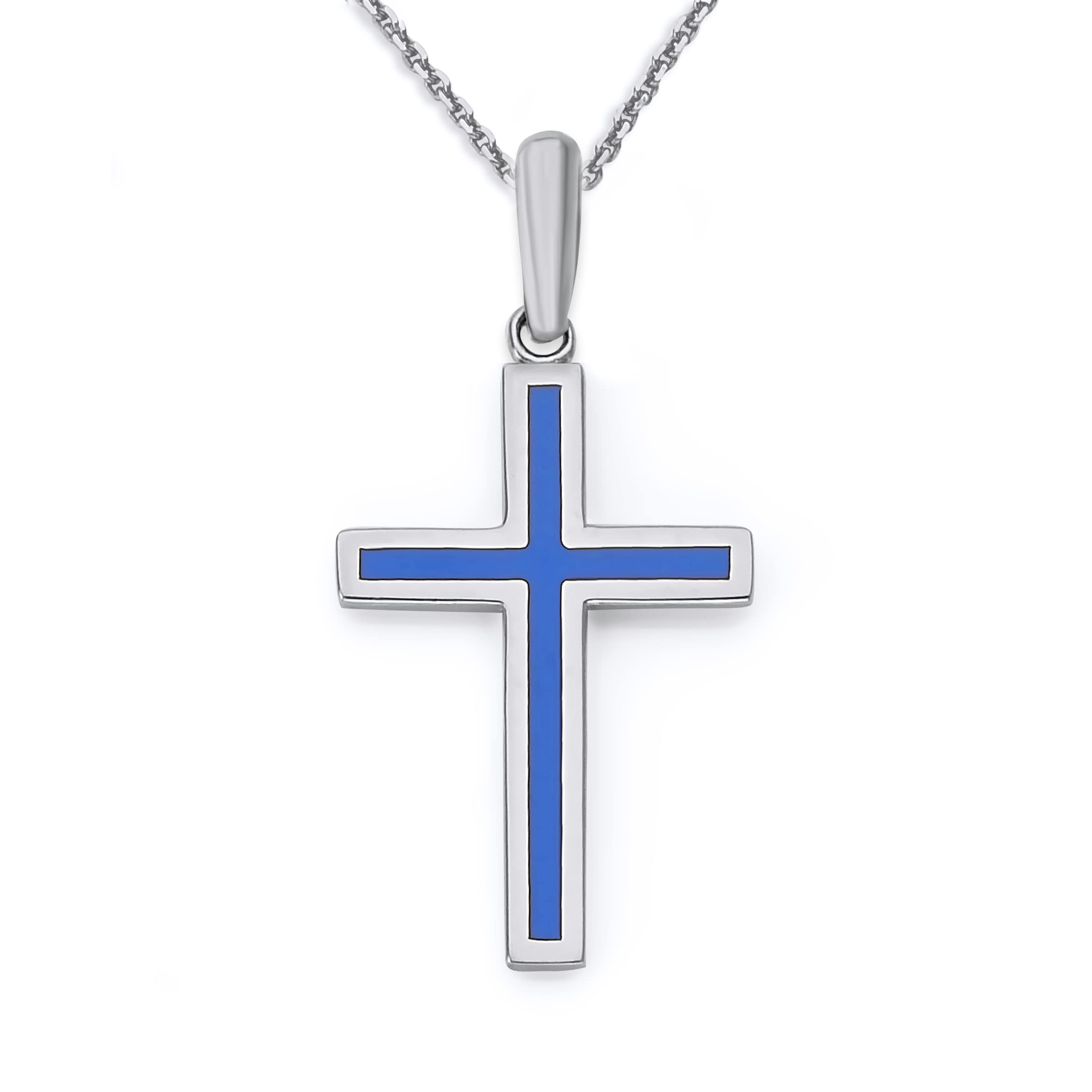 Pome Enameled Cross Necklace in Sterling Silver, Small and Large Pendants, Made in America (Large Pendant, 18" Necklace, Blue Enamel)