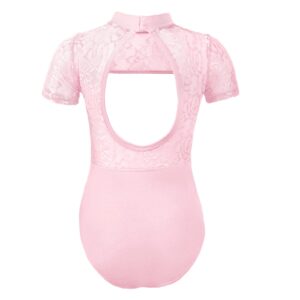 KKmeter Kids Girl's High Neck Floral Lace Cutout Back Leotard Short Sleeve Ballet Dance Gymnastics Athletic Bodysuit (Pink, 9-10)