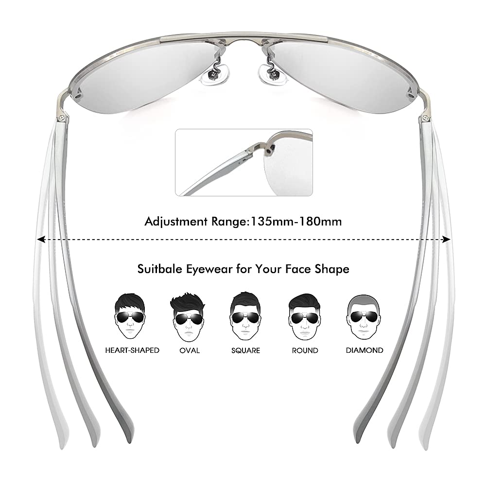 Crabegg Aviator Sunglasses for Men Polarized UV 400 Protection Rimless Fishing Mirrored Driving Mirror Large (Sliver)