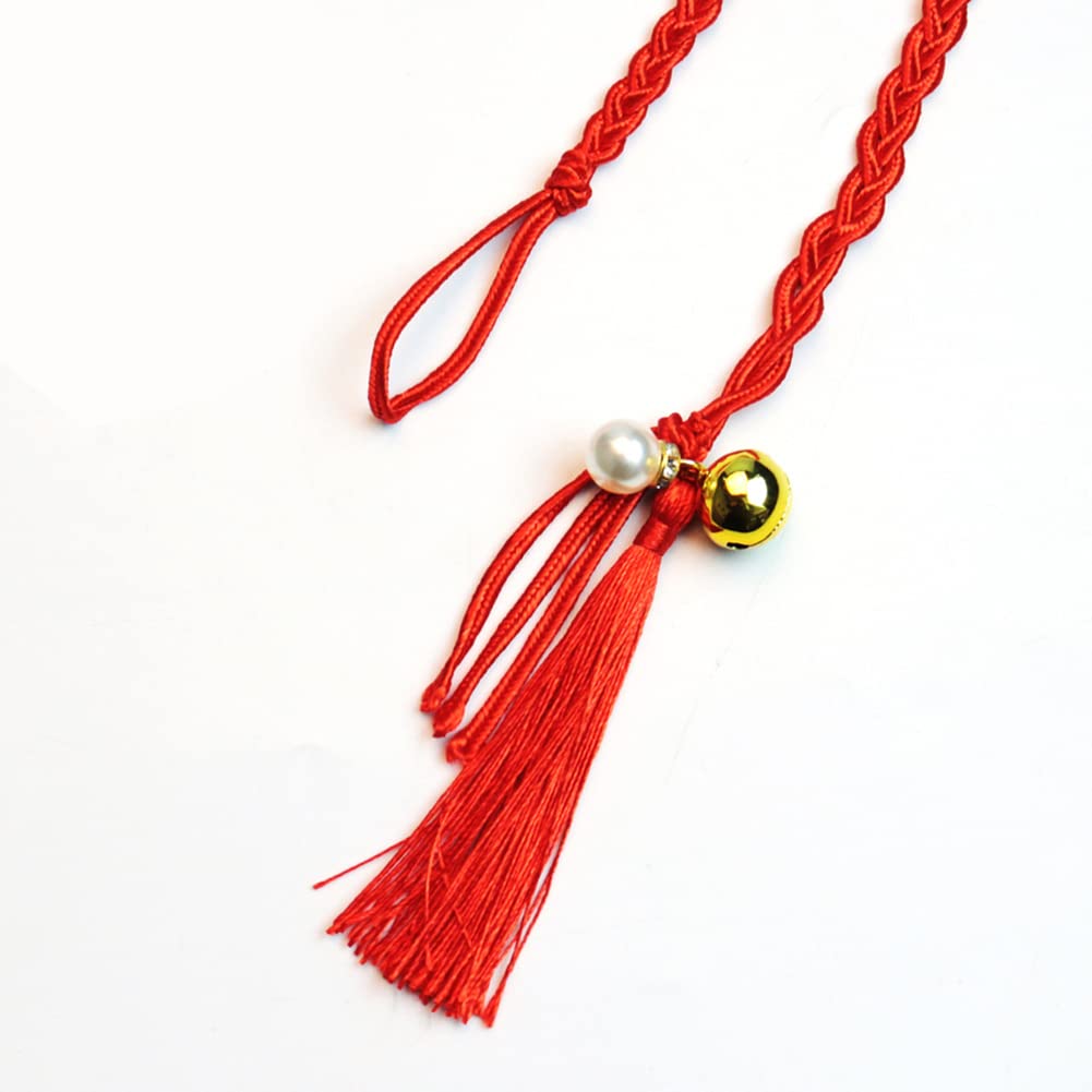 Thin Waist Rope Braid Belt Chain Exotic Women Waist Belt Rope Chain with Tassel Bead Bell Good Luck Belly Rope Bracelet, Red