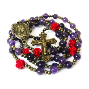 Immaculate Heart of Mary Purple Amethyst Stone and Red Rose Rosary and Bracelet Set - Catholic Rosary - Rosarios Catolicos - Catholic Gifts Women - Regalos Catolicos Para Mujer, Stone, Amethyst