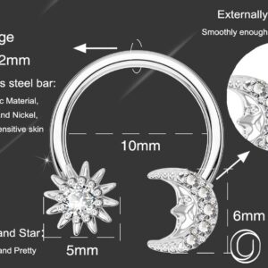 OUFER 16G Septum Rings, Star and Moon Design Nose Ring, Helix Earring, 316L Stainless Steel Tragus Daith Snug Conch Piercing Jewelry，Silver-Color