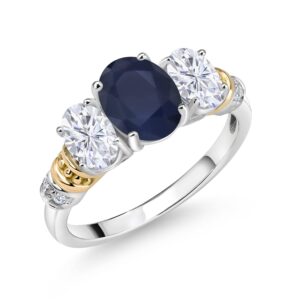 925 sterling silver and 10k yellow gold oval blue sapphire white moissanite and white diamond 3 stone ring for women (2.83 cttw, gemstone september birthstone, available in size 5, 6, 7, 8, 9)